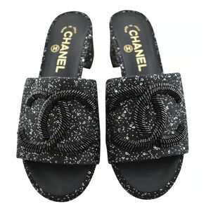 Chanel 19P Black White Fabric CC Logo Backless Slide Mule Sandal Block Heel 35